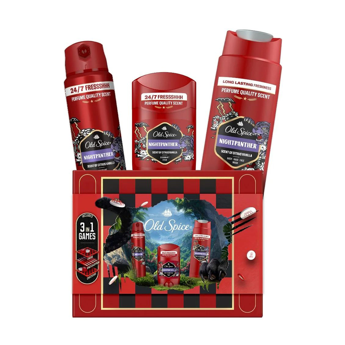 Уцінка! Чоловічий подарунковий набір Old Spice Nightpanther (дезодорант, 150 мл + дезодорант-стік, 50 мл + гель для душу, 250 мл + гра, 1 шт)
